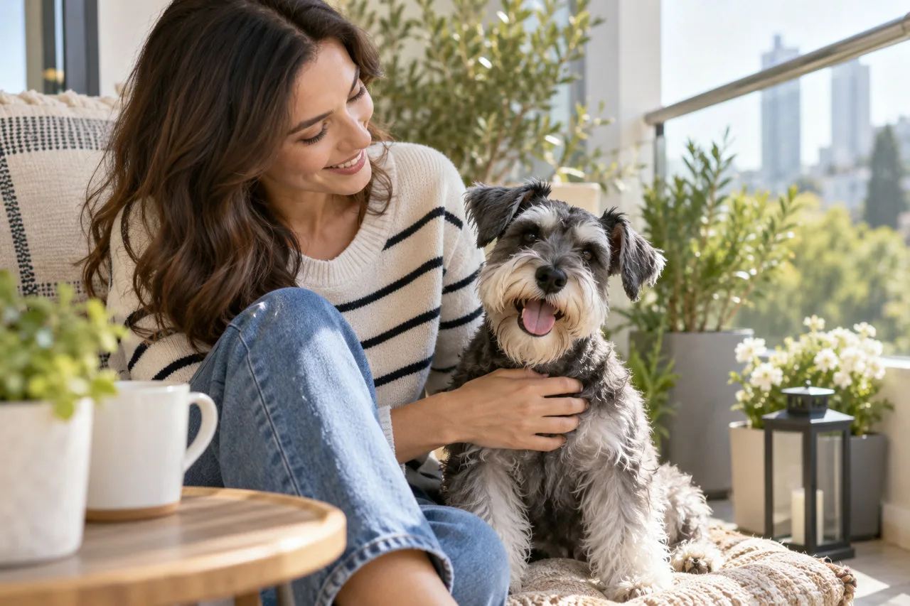 Owner seated beside a gray-and-white dog on a sunlit balcony