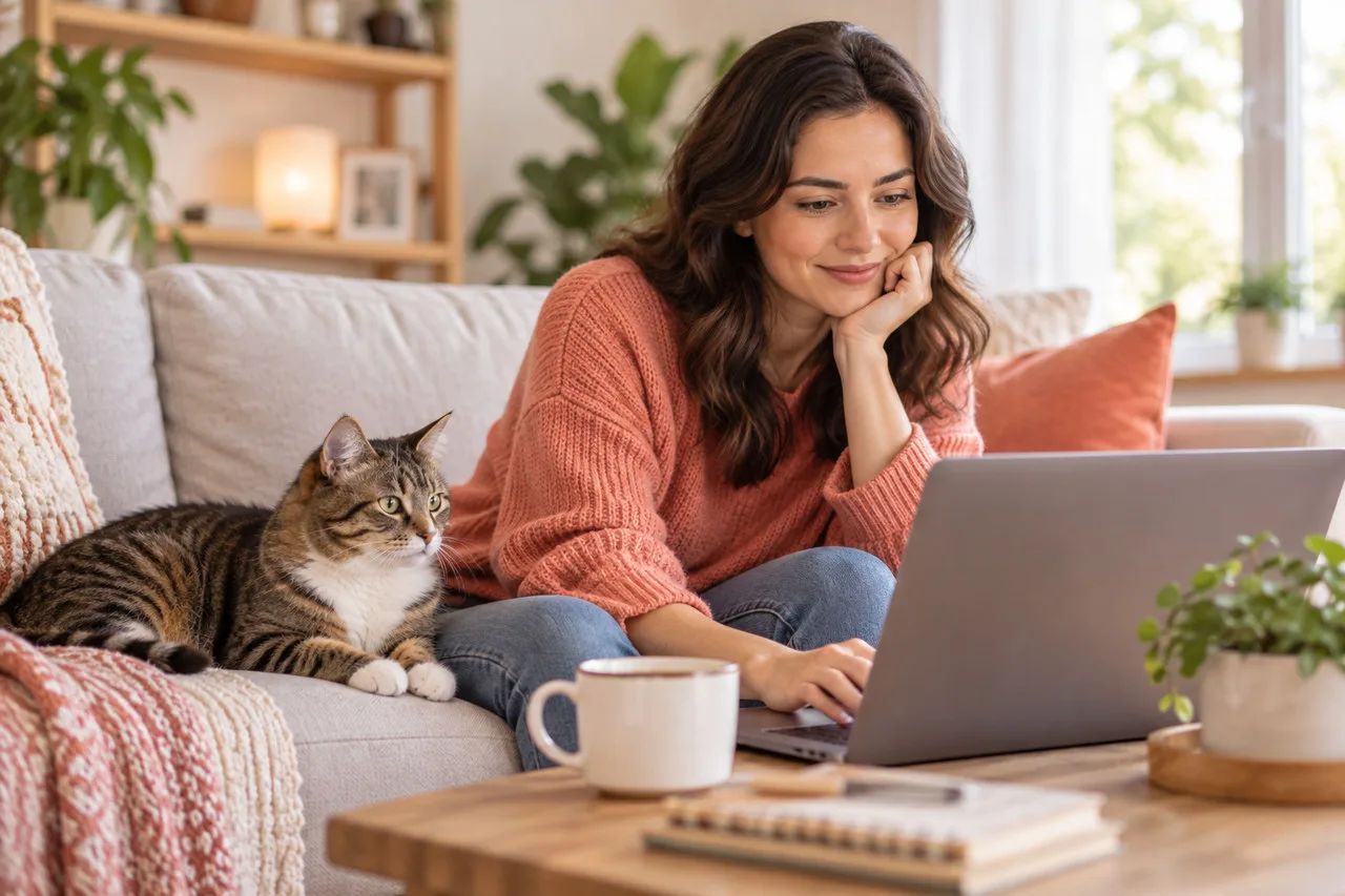 Owner using a laptop beside a cat on a sofa